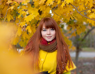 Naklejka na ściany i meble Pretty red haired young woman in autumn park