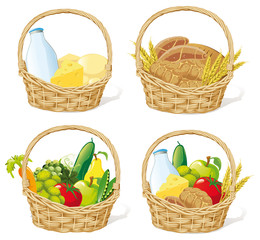 baskets with milk, cheese, cereals and fruit