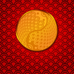 Chinese Pair of Fish in Yin Yang Circle on Red Background