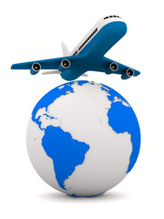 airplane and globe on white background. Isolated 3D image