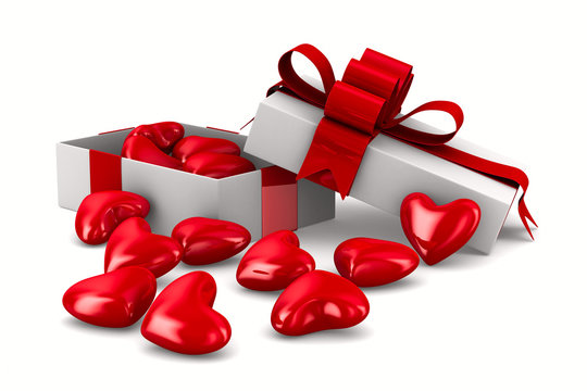 White gift box and hearts. Isolated 3D image