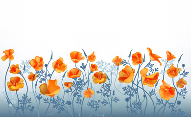 Refine blue background with orange flowers.