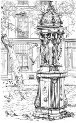 Fototapete Abbildung Paris alter Brunnen in Montmartre - Paris
