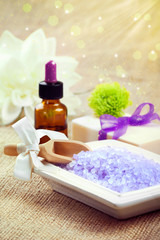 Obraz na płótnie Canvas Spa: bath salt with soap and essential oil