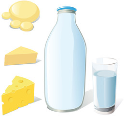 ilk bottle, glass and cheeses