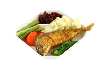 Mackerel dip fried egg with chili paste and steam vegetable.
