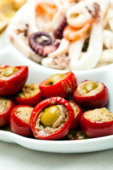 Appetizer with olives, tomatoes, seafood