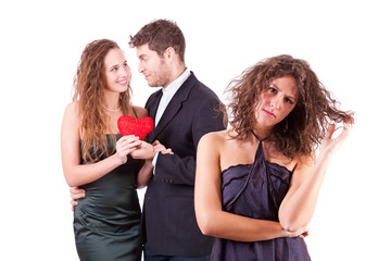 Sad Woman with Happy Couple on Background