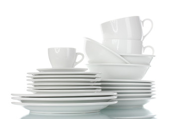 empty bowls, plates and cups isolated on white