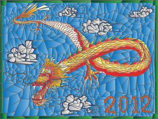 Mosaic from gold dragon in sky.