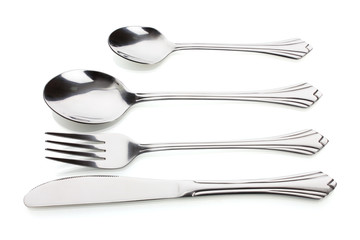 Silver fork and spoon, knife isolated on white