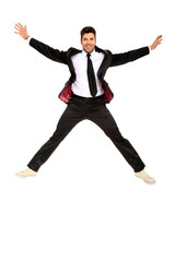 Fototapeta na wymiar handsome jumping man on suit