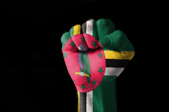 Fist painted in colors of dominica flag