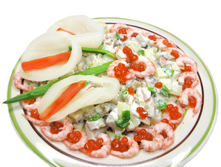 creative squid meal with shrimps and red caviar