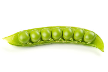 Fresh green pea pod over white background