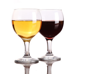 Red and white wine glasses isolated on white background