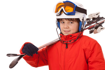 Kind, Junge - Junger Skifahrer mit Skihelm und Kinnbügel