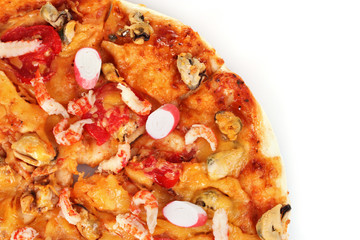 Delicious pizza with seafood  isolated on white