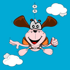A cartoon dog freefall parachuting with blue sky background
