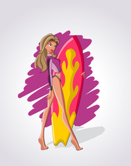 Beautiful sexy blonde cartoon surfer girl with a surf board