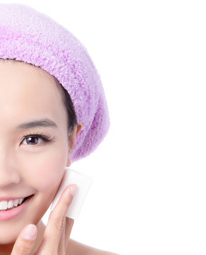 Young Beautiful Girl remove makeup by Cleansing Cotton