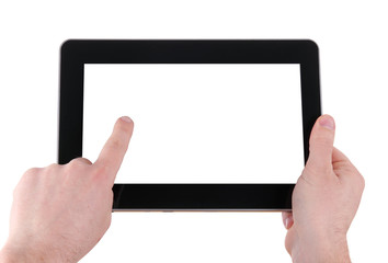 man hands with touch pad on white background