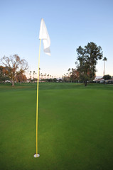 Obraz premium Golf green with pin, flag and fairway