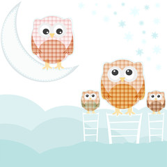 Card with family owls on sky over cloud