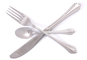Silver fork and spoon, knife isolated on white