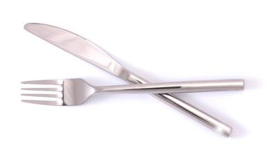 Silver fork and knife isolated on white