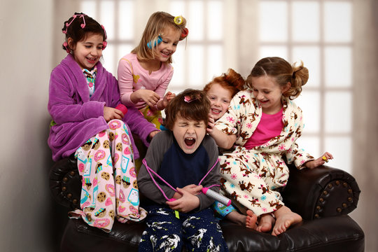 Elementary Girl's Slumber Party Torchering Brother