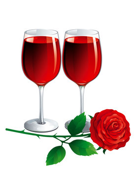 Two  vector Wineglasses and red rose on white background
