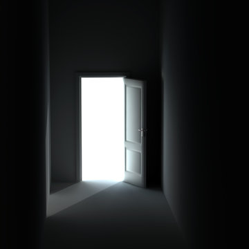 bright light from the unclosed door in a dark room