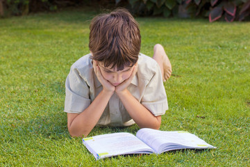 boy reeding book on green lawn