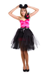 beautiful girl in festive dress with mouse ears