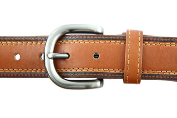 Metal head of long brown belt on white background.