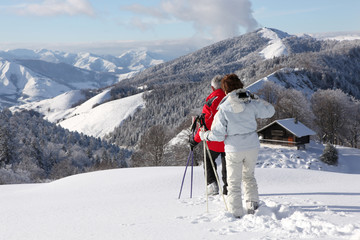 Fototapeta na wymiar Adults standing in snow admiring landscape