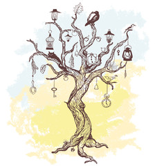 Fond grungy avec arbre magique manuscrit