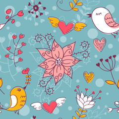Love seamless texture with flowers and birds