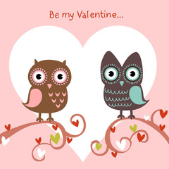 Valentine love card with owls and hearts © Yuzach