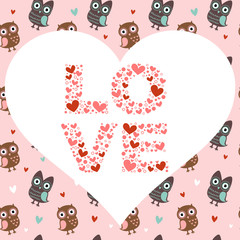 Valentine love card with owls and hearts