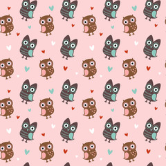 Valentine seamless texture with owls and hearts