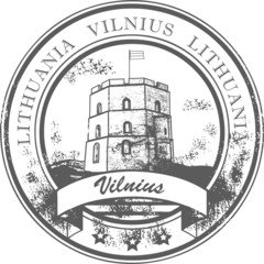 Stamp with Gediminas castle and the words Vilnius, Lithuania