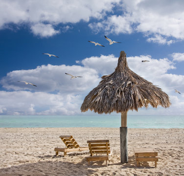 Beach Chairs And A Cabana In Miami Beach Florida