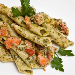 Grilled salmon with pasta, spinach and camembert -Background