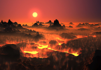 Volcanic fantasy landscape with lava fields