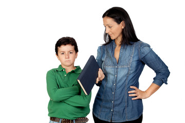 Mother saying his anger child to read a book