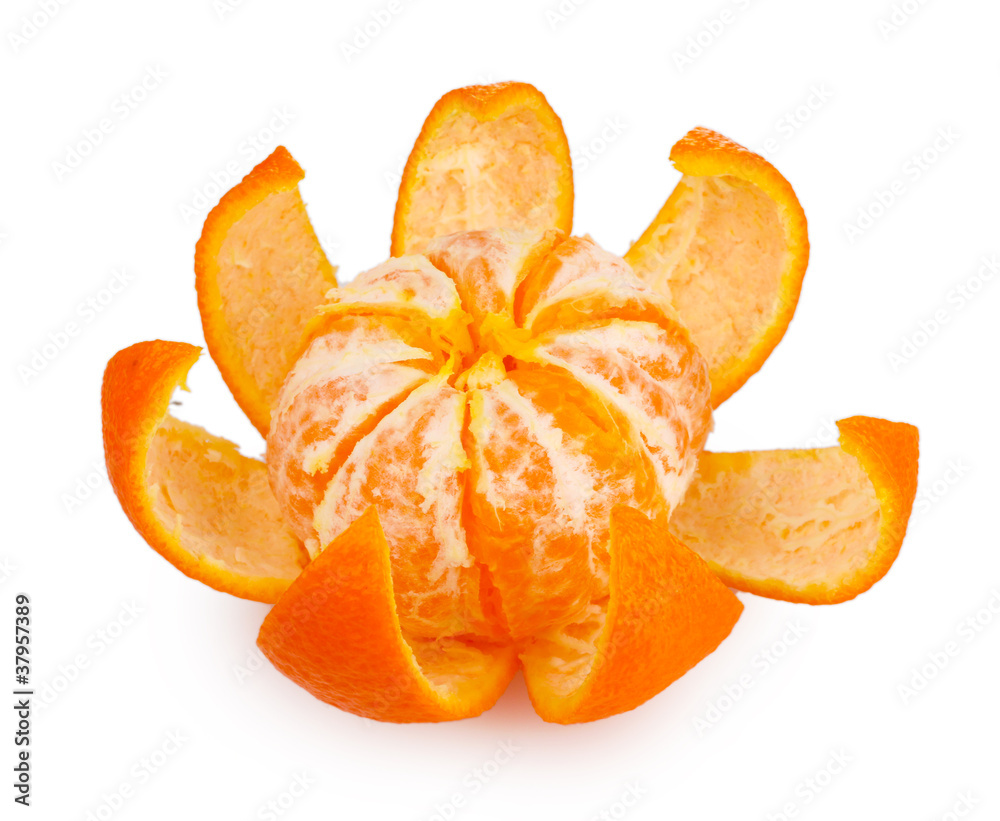 Wall mural ripe tasty tangerines with peel isolated on white