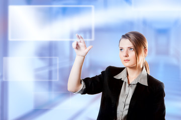 Businesswoman finger touch pad keyboard digital light screen