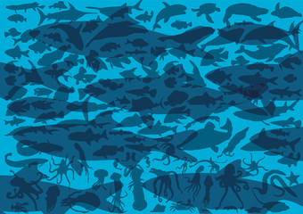 different blue fishes background
